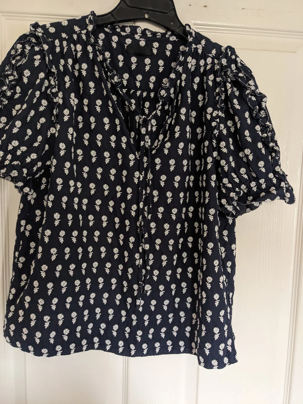 J. Crew Navy and White Floral Tie-Neck Short Sleeve Blouse